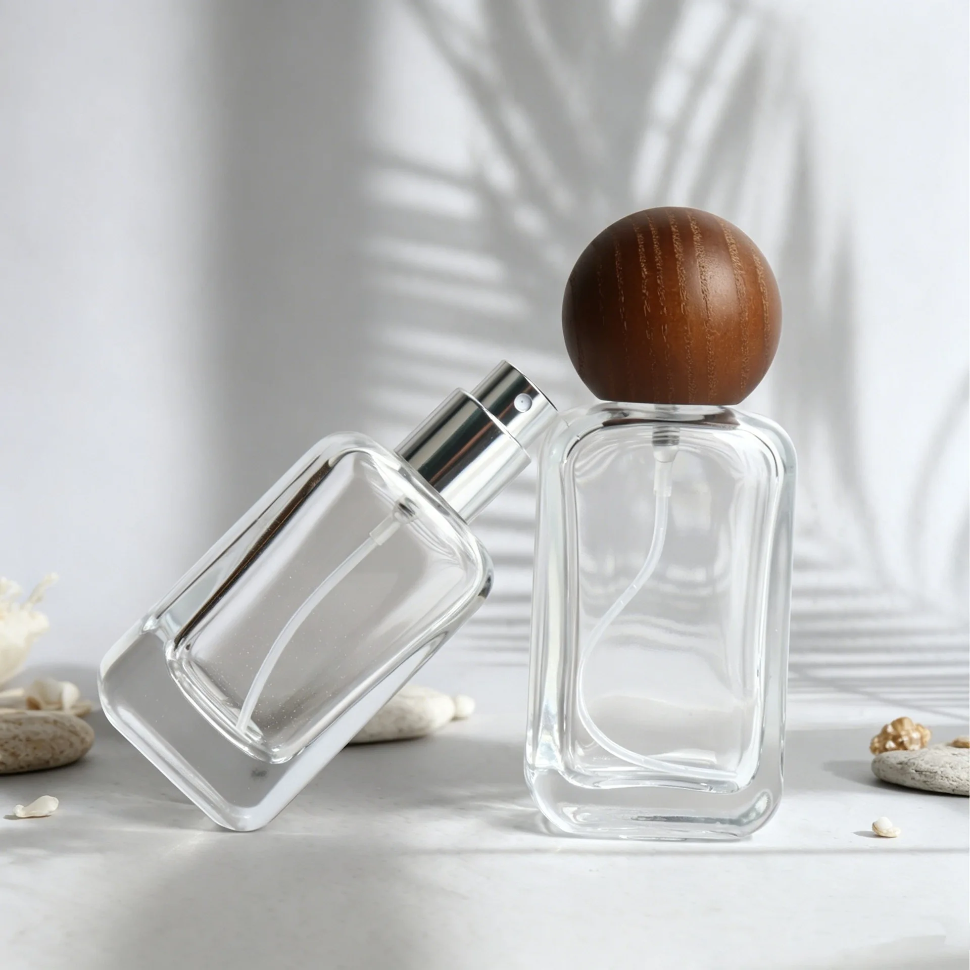 Clear Rectangular Glass Perfume Bottle With Round Wooden Ball Cap, Refillable Empty Fragrance Spray Atomizer Cosmetic Container
