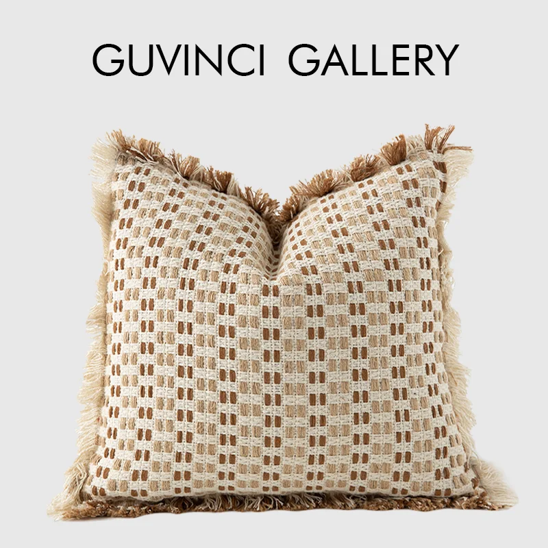 GUVINCI GALLERY Bohemia Geometric Fringed Cushion Covers Hand Woven Fabric Tawny Decorative Pillow Case 45x45cm Farmhouse Decor