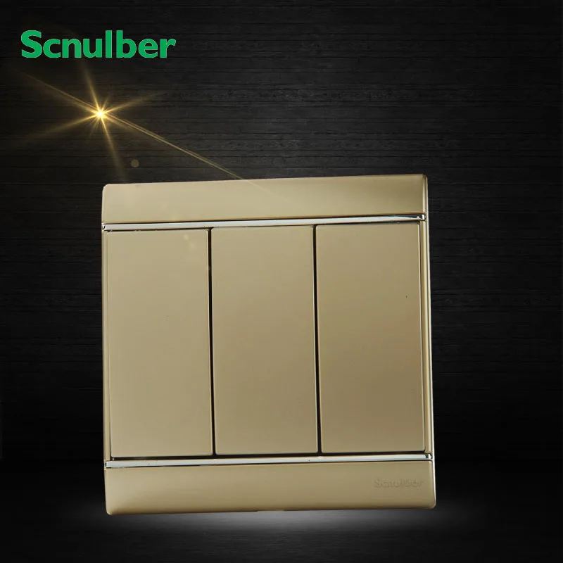 86x86 16A home lamp latching push button luxury champagne 3 gang 2 way electrical wall switch panel