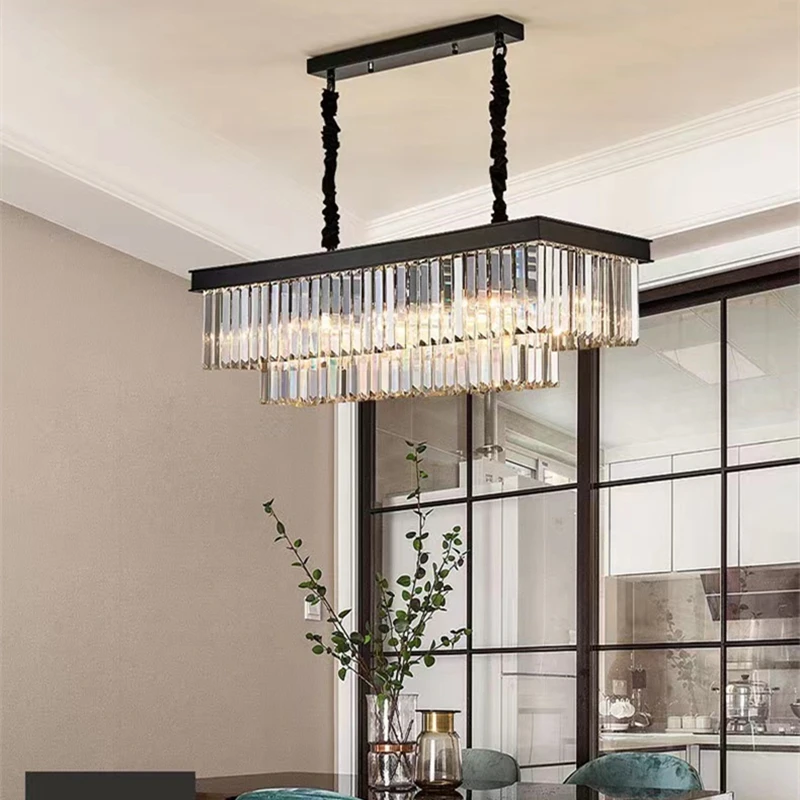 Modern Rectangle Crystal Pendant Lamp Indoor Golden Black Decor Hanging Light Parlor Bedroom Kitchen High-end Main Droplight New