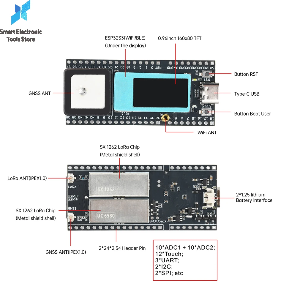 

ESP32-S3FN8 + SX1262 + UC6580 Беспроводной трекер LoRa Wi-Fi Bluetooth GPS трекер 0,96-дюймовый ЖК-дисплей типа C для автомобиля, велосипеда, детей