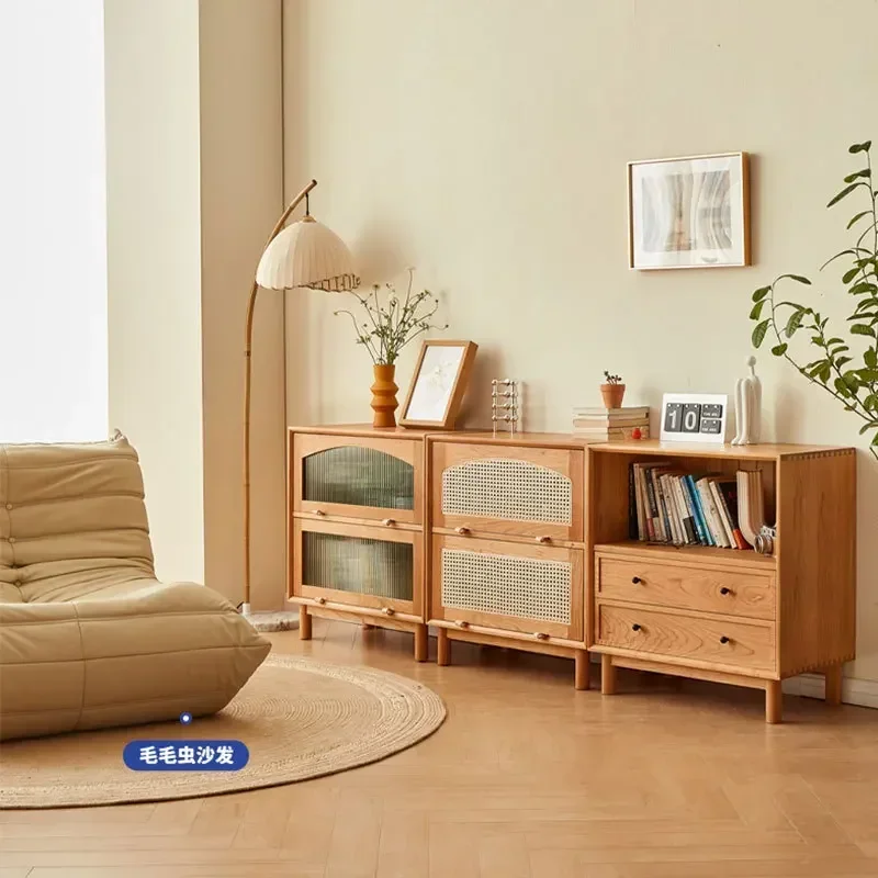 North American all solid wood bookcase side cabinet cherry wood Japanese living room storage cabinet glass door lattice
