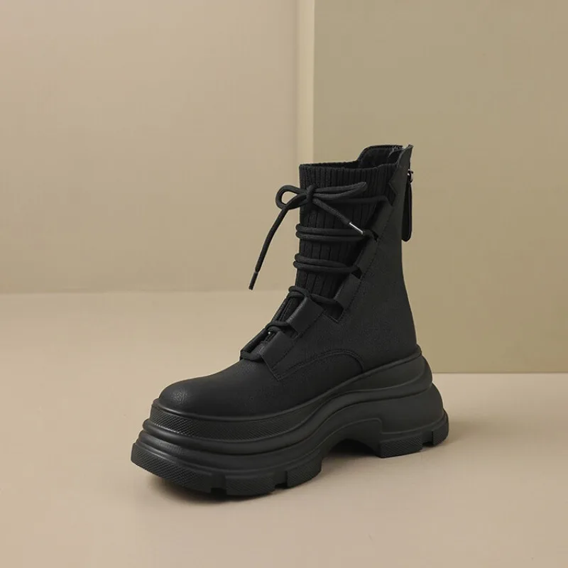 NEW Designer Women High Platform Gothic Leather Punk Shoes Female Ankle Short Combat Boots Wedge Heels Chunky Motorcycle Boot - view 3