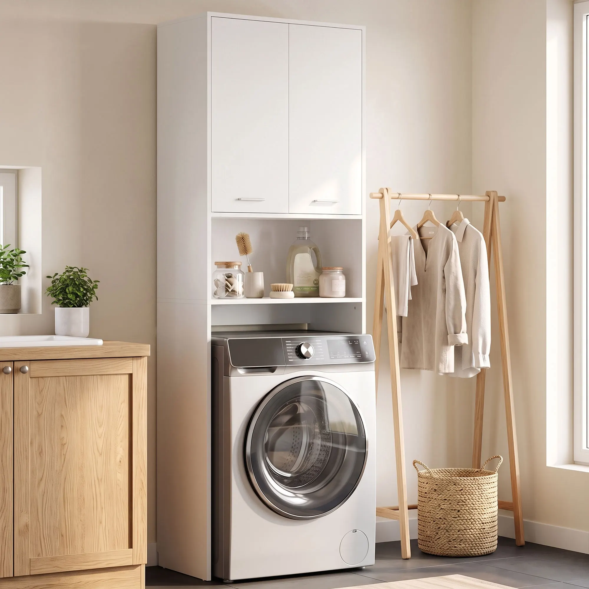 HOMCOM Waschmaschinenschrank, Hochschrank, Toilettenregal mit offenem Fach, Badezimmerregal über Waschmaschine, Toilette 66 x 24 x 191 cm Weiß