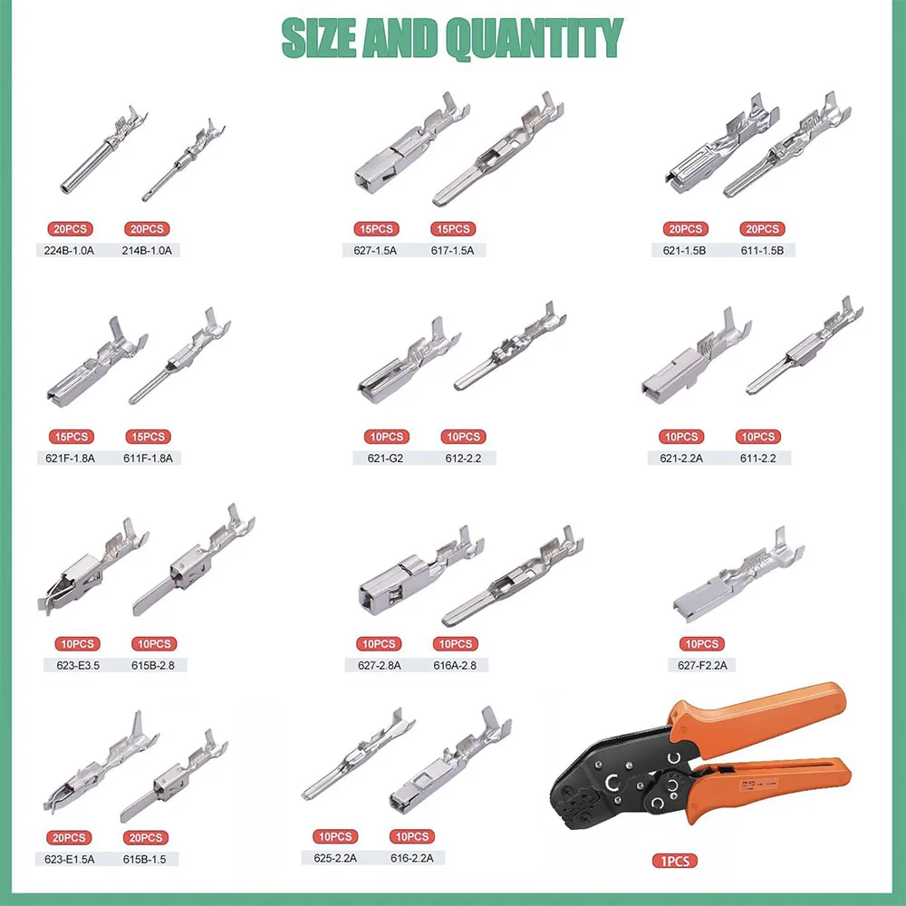 290PCS Terminal Pin Connector 1/1.5/1.8/2.2/2.8/3.5mm21Type Non-Insulated Plug Removal Male Female Crimp Pin with Crimping Plier