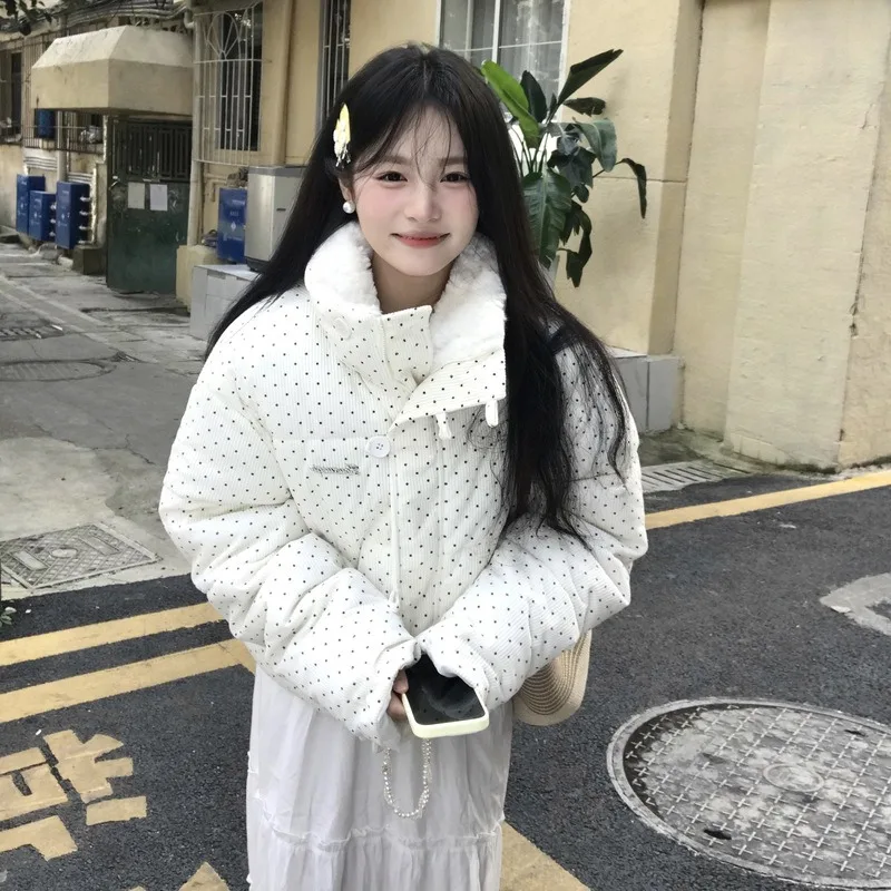 Corduroy Coat Polka Dot Stand Collar Women Jacket Winter Loose Thickened Warm Plush Splicing Metal Decoration Women's Clothing
