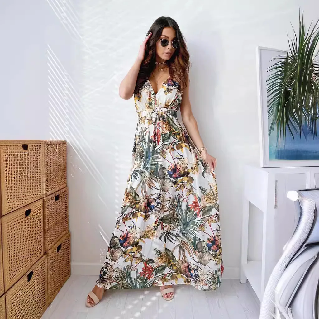 Women Feather Floral Print Loose Boho Maxi Long Dress Summer Deep V Neck Backless Bandage Beachwear Sundress TCFS-1063