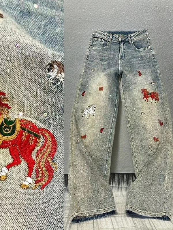 

Ele Embroidered High Waist Loose Fit Straight Leg Jeans Women's Premium Spring Faion plus Size Long Pants