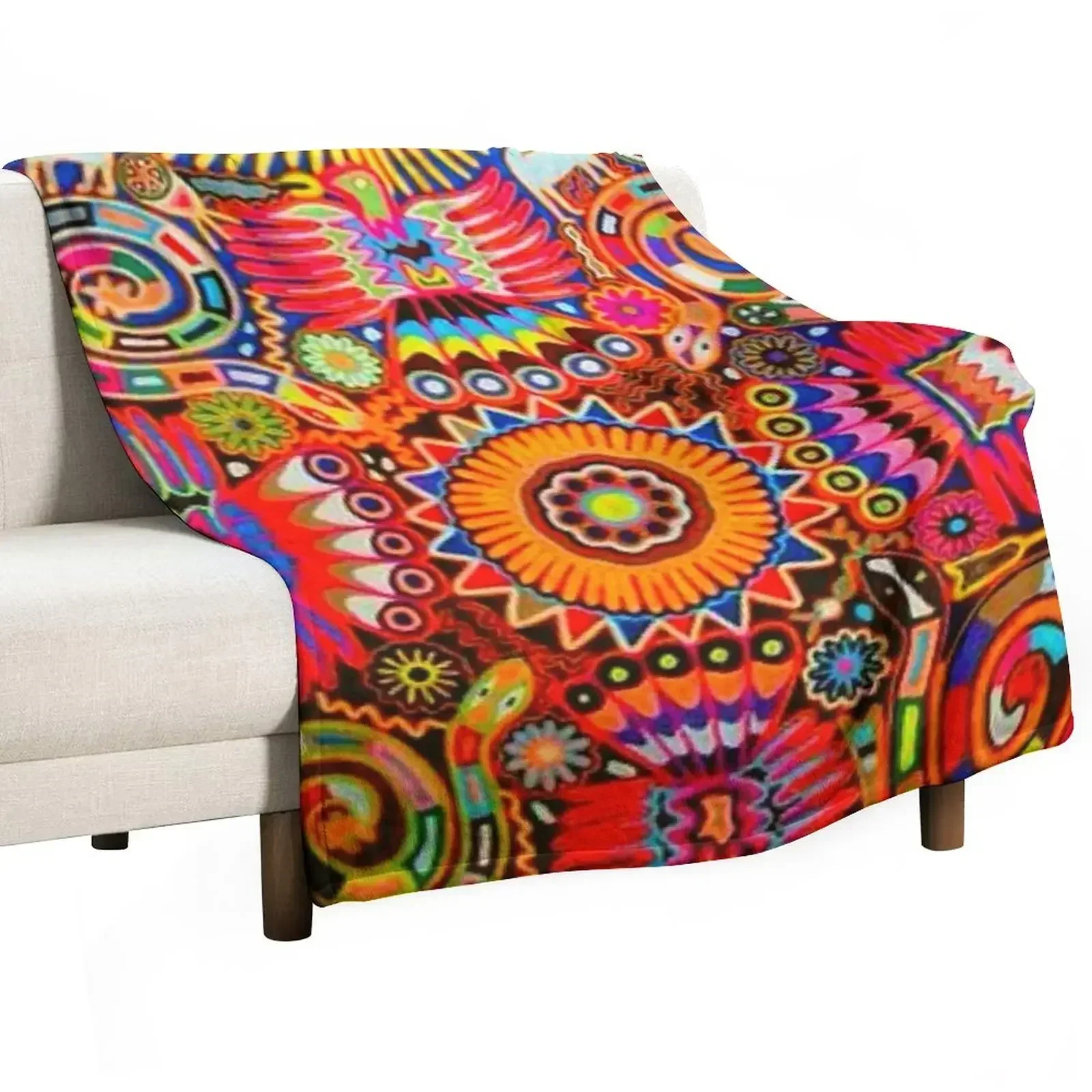 Mexican Colorful Huichol Mexican Blanket Design Large Cozy King Size Vintage Folk Art - Throw Blanket Sofa Throw Travel Blankets