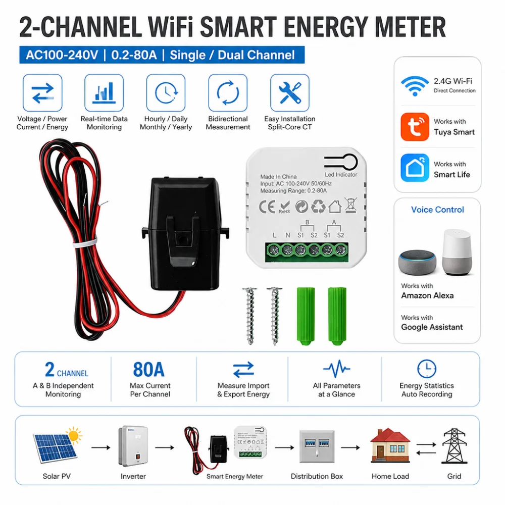 ZFX-W6004/W6004B AC 100-240V 80A Single/Dual-Channel Tuya Wi-Fi Smart Electricity Meter, Solar PV System Power Meter
