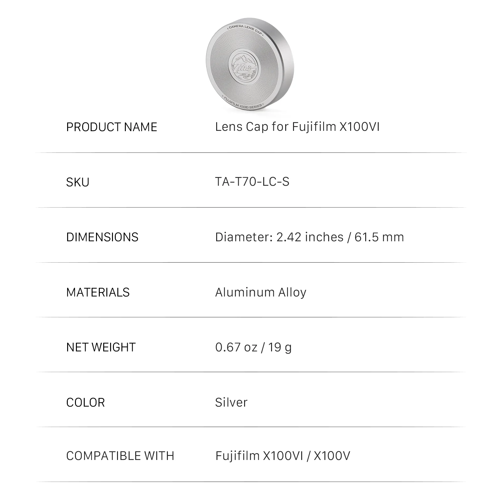 TILTA TA-T70-LC lensdop voor Fujifilm X100VI - zwart/zilver