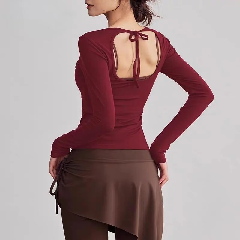 Halter Backless Long Sleeve Top Women Hollow Out Back Tie Sexy Slim Fit Yoga Gym Workout Casual T Shirt