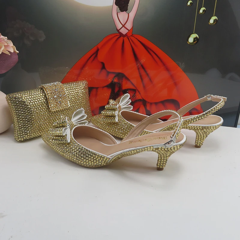 

Fashion Champagne Crystal Bridal shoes and bag Set Women Thin Heel Wedding Party Evening shoes Pointed Toe Platform Shoes Female