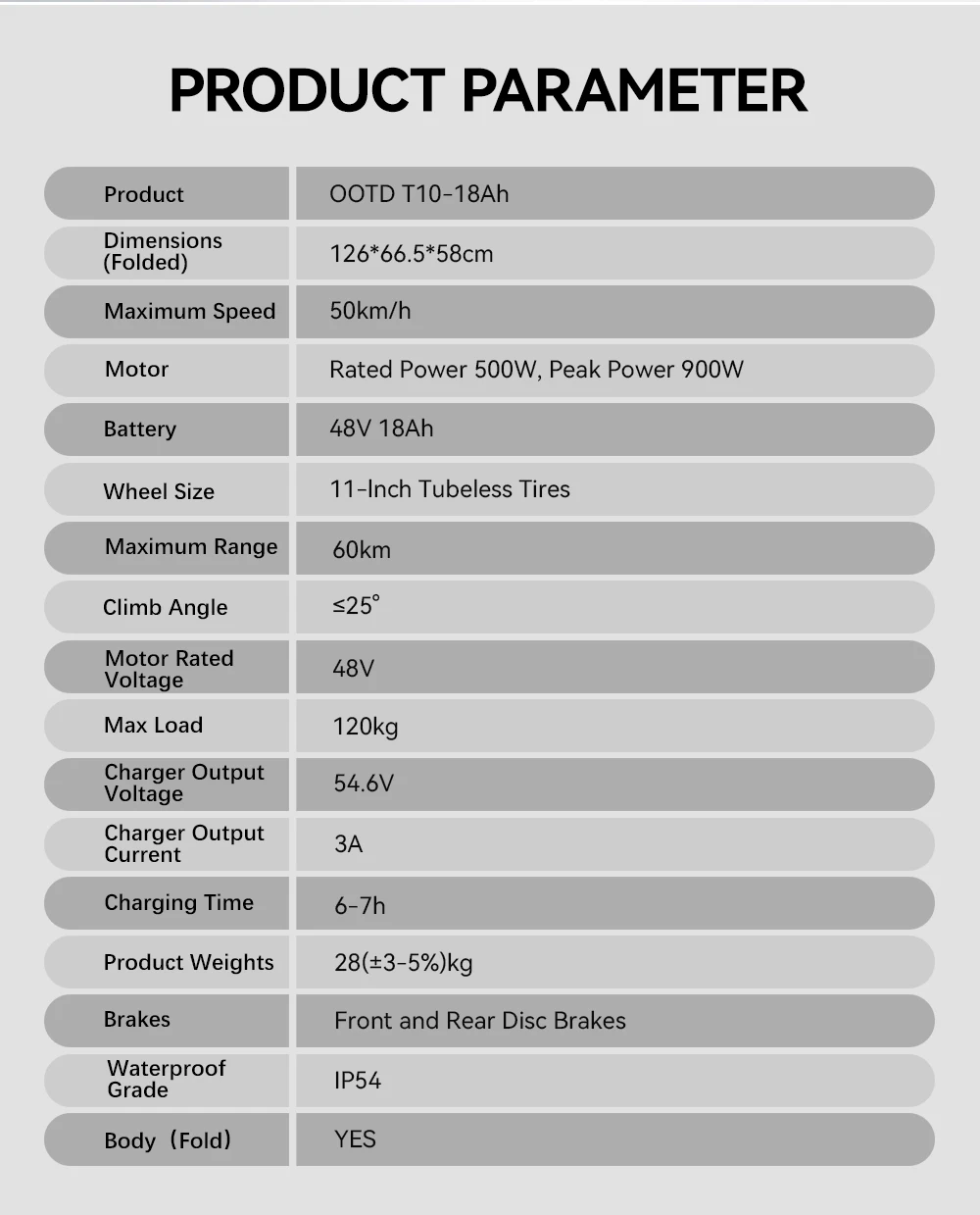 OOTD T10 Adult Electric Scooter,  500W Motor Peak 900W E Scooter , Top Speed 31 MPH, 48V 18AH Lithium Battery, 11-Inch Wide Off-Road Tires E-Scooter, Dual Disc Brakes, Front Suspension, Foldable Design Suitable For Commuting And Outdoor Adventure view 8