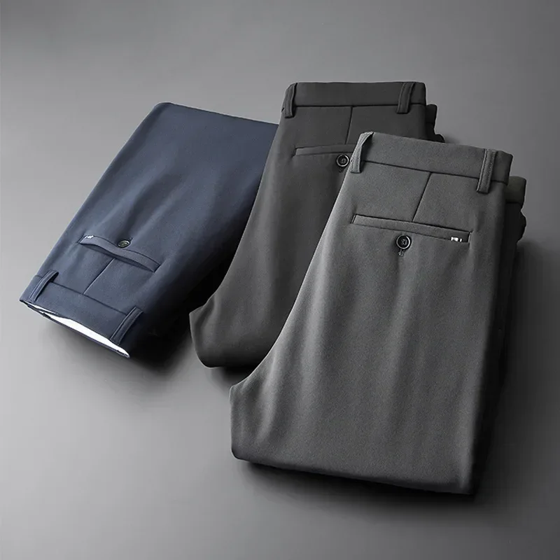 BROWON Brand Pants Men 2026 Winter Fleece Thick Warm Men Casual Pants Solid Color Elastic Business Straight Trouser Men Clothing