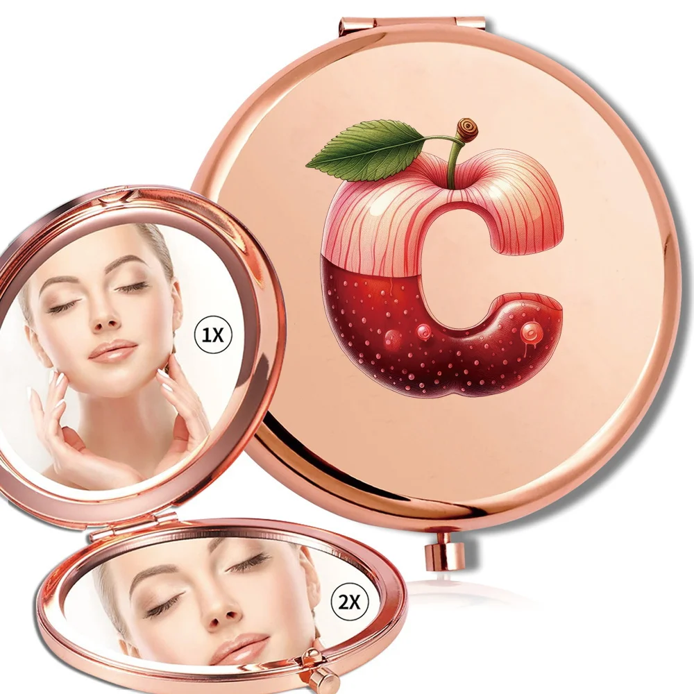 Ręczne lusterko powiększające do makijażu, okrągłe, przenośne, metalowe narzędzie kosmetyczne podróżne, urocze lusterko kieszonkowe z klapką, wzór z motywem owoców i liter.