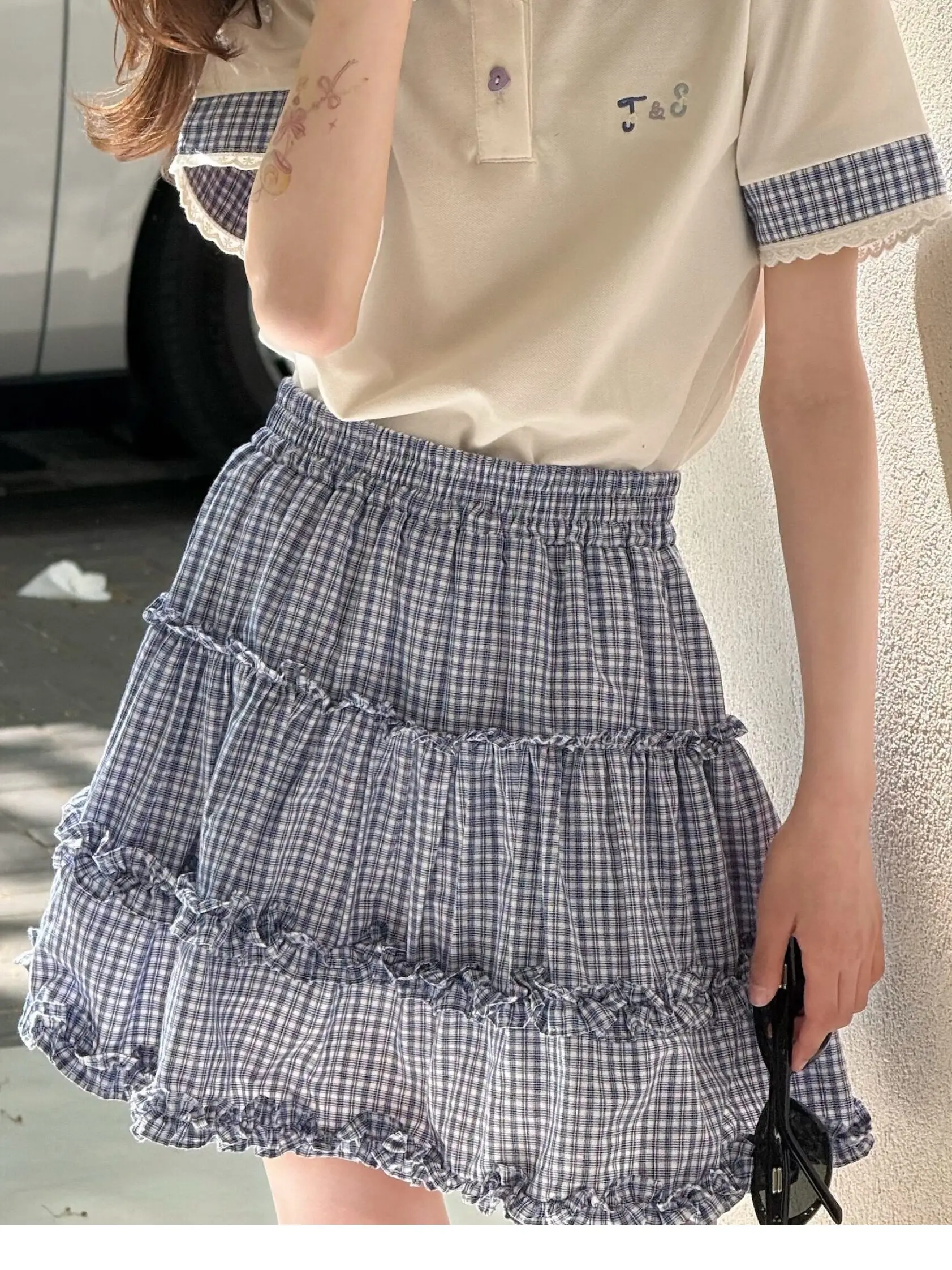 Saia Xadrez Borabora para Meninas, Saia de Verão Estilo Coreano com Cintura Elástica e Detalhes de Bolinhas