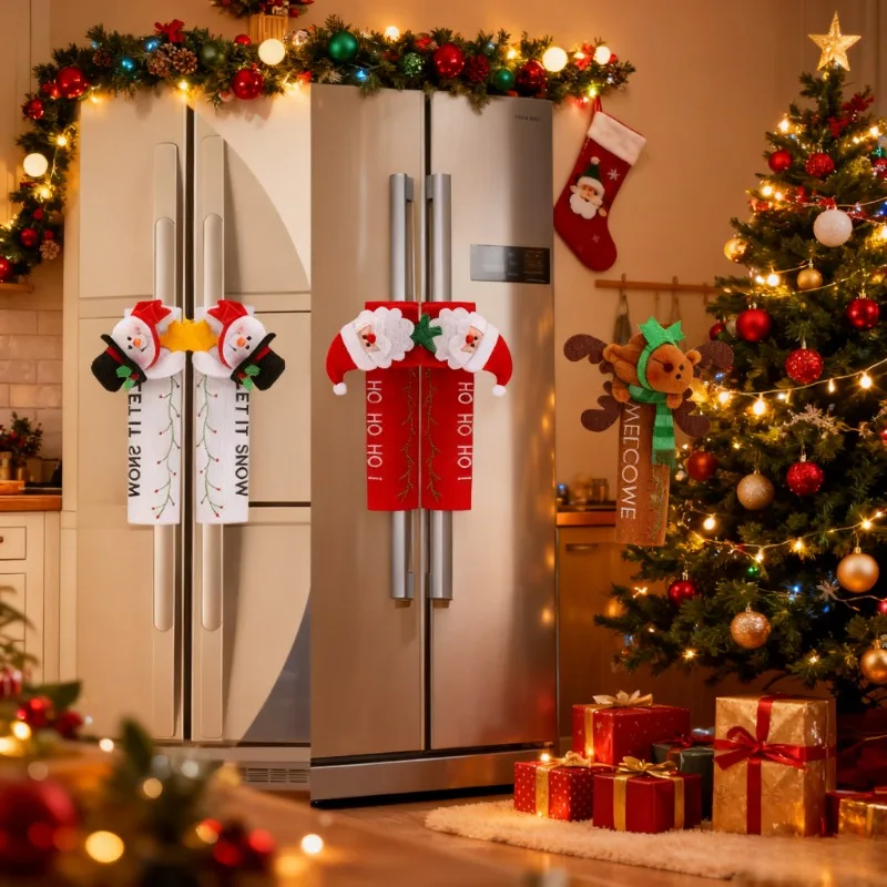 1Pc Christmas Fridge Handle Cover, Santa Claus Microwave Oven Cover, Xmas Kitchen Decor, Winter Holiday Home Appliance Gift