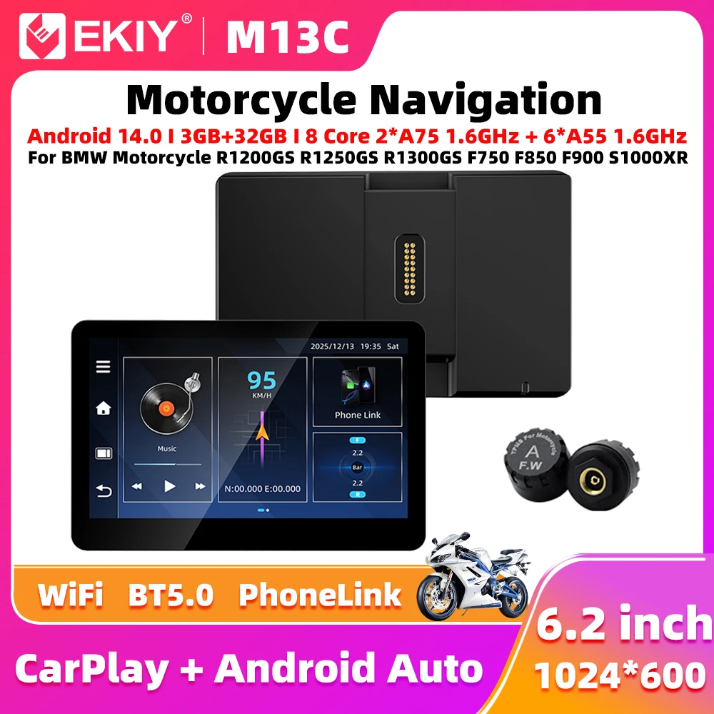 EKIY 6.2" Android 14.0 Wireless CarPlay Moto Android Auto GPS Motorcycle Navigation Dashboard 3GB+32GB For BMW R1200GS R1300GS