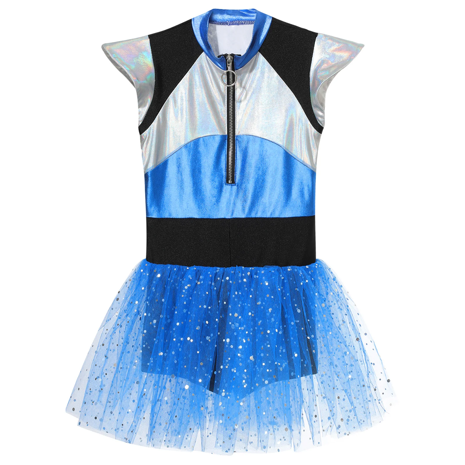 Children Girls Alien Cosplay Cheerleading Dance Performance Costume Short Sleeve Shiny Leotard Tutu Dress for Halloween Carnival