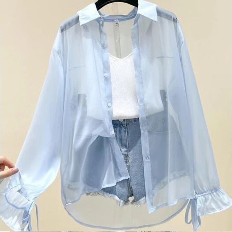 Summer Solid Color Sunscreen Clothing Female POLO Collar Long Sleeve Cardigan Ladies Thin Style Sheer Shirt Women Chiffon Shirt