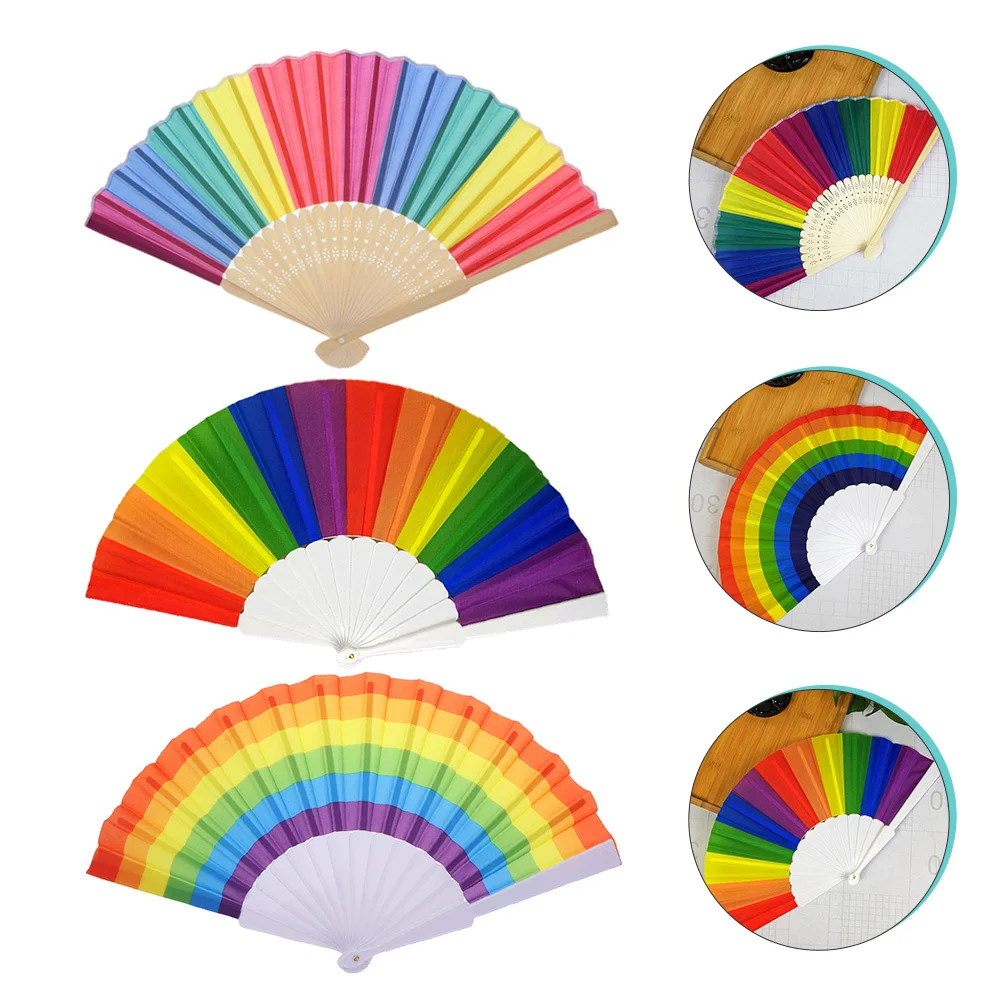

3pcs Folding Dance Fans Iridescent Rainbow Hand For Women Decorative Craft Fan Large Lightweight Japanese Rave Fan Chinese Photo