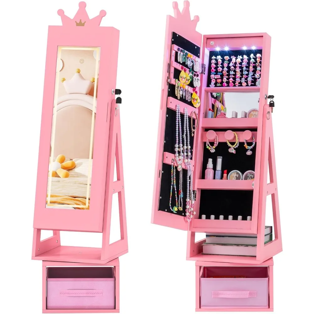 

LED Jewelry Armoire, 360° Swivel Jewelry Cabinet with Full Length Mirror, Adjustable Lights, Dress Up Mirror