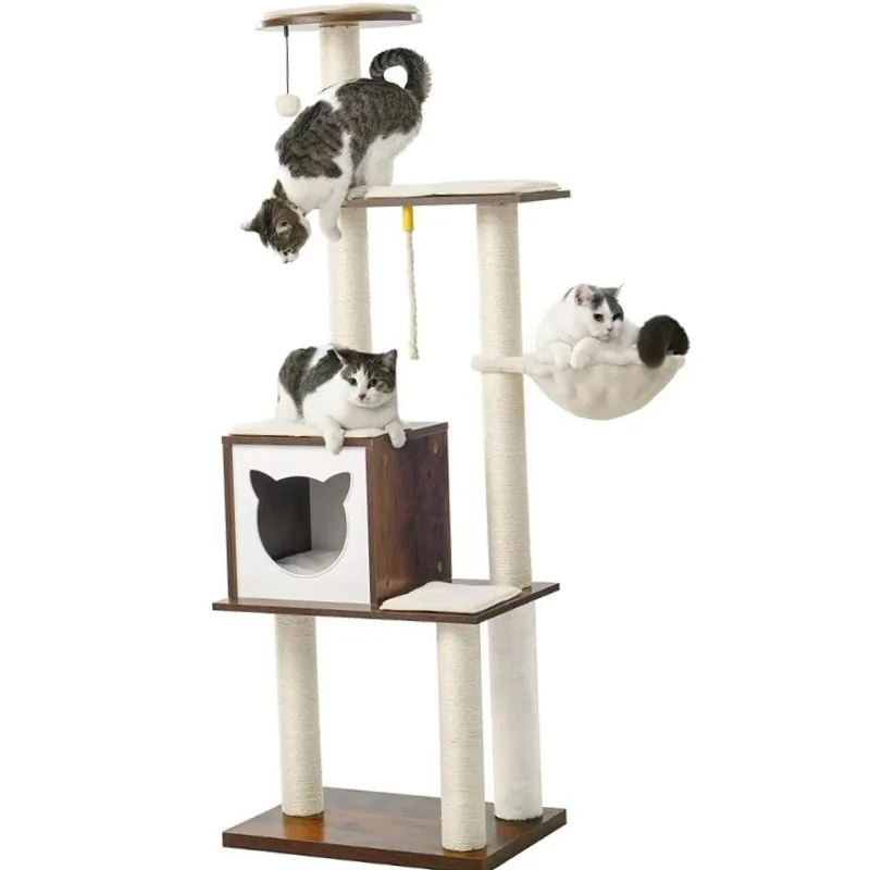 

Modern 65" Tall Wood Cat Tree Tower Indoor Condo with Hammock Scratching Post Removable Pads Bed for Small Large Brown Cats