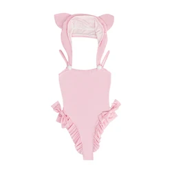 Kawaii One Piece Swimsuit Women Slimming Swimwear Pink 2022 High Waist Sexy Anime Cosplay Bodysuit Cat Ear Hooded Bathing Suit