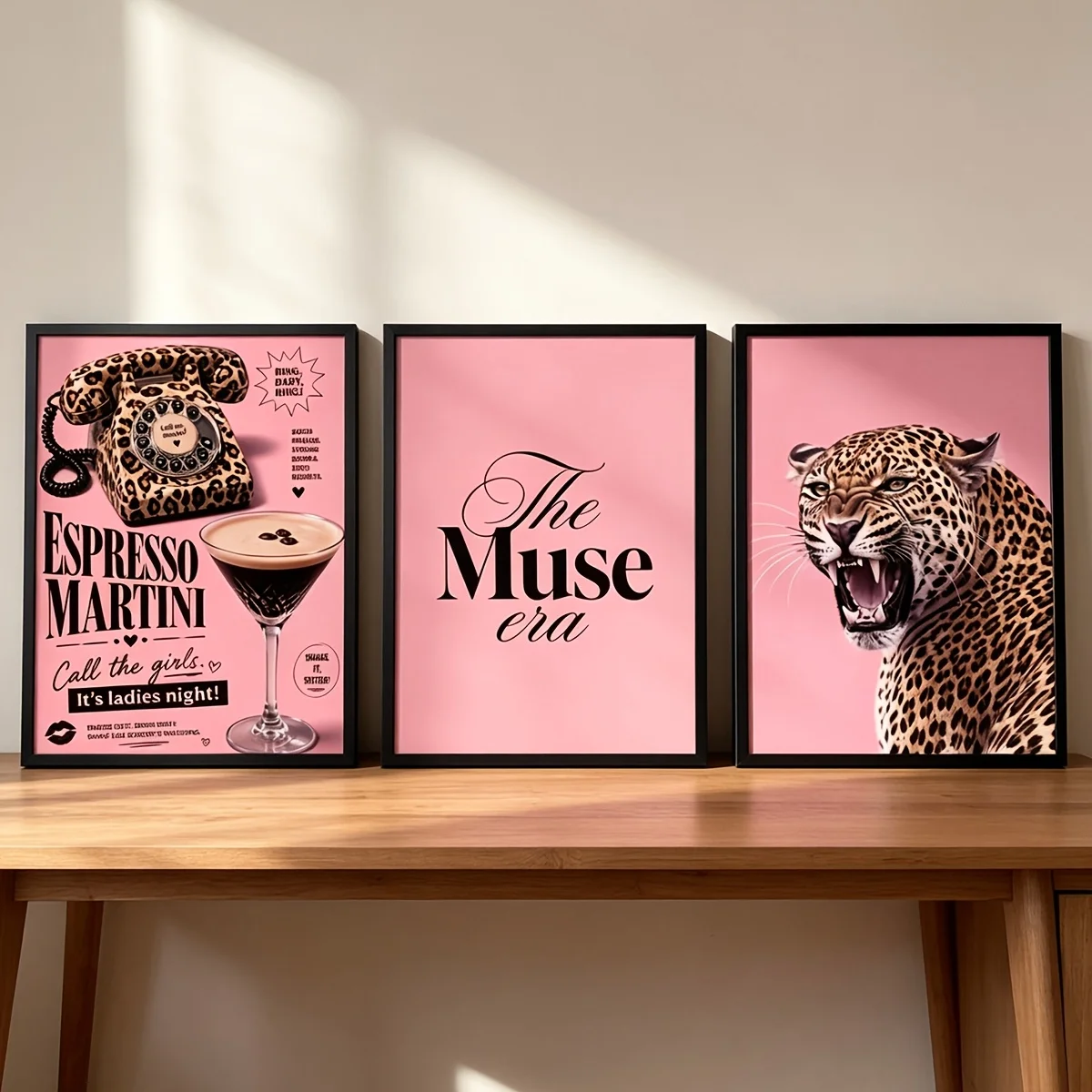 （NoFrame 3PCS)-2D Flat, Posters & Prints 1 Set of 3pcs Pink Leopard Print Wall Art Set, Espresso Martini & Vintage Telephone