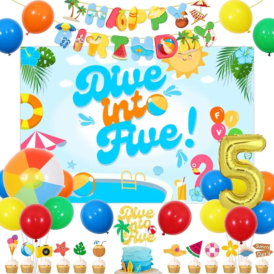 

SurSURPRISE Dive Into Five Birthday Party Decorations, Backdrop Banner, Cupcake Toppers, Beach Ball, Party Supplies