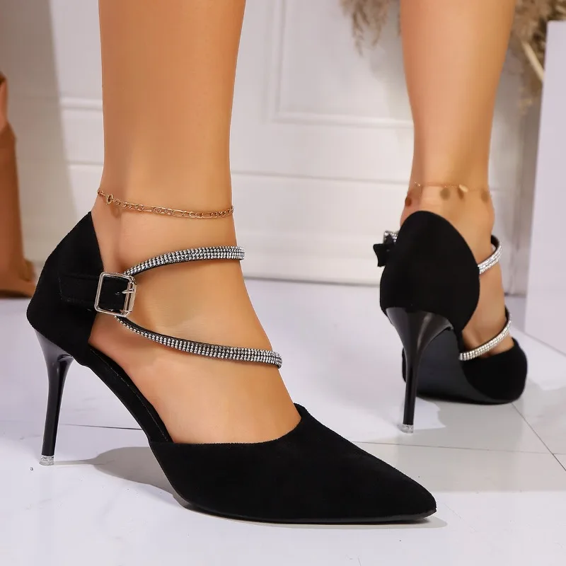 

2025 Fashion Outdoor Women's High Heels Pointed Toe Crystal Buckle Strap Thin Heels Pumps for Versatile Dress & Party Sandals