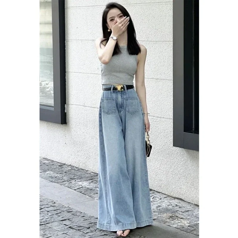 

Light-colored Large Flared Pants Super Wide-leg Jeans Skirt Women's Spring Korean Version of High-waisted and Thin Design Sense