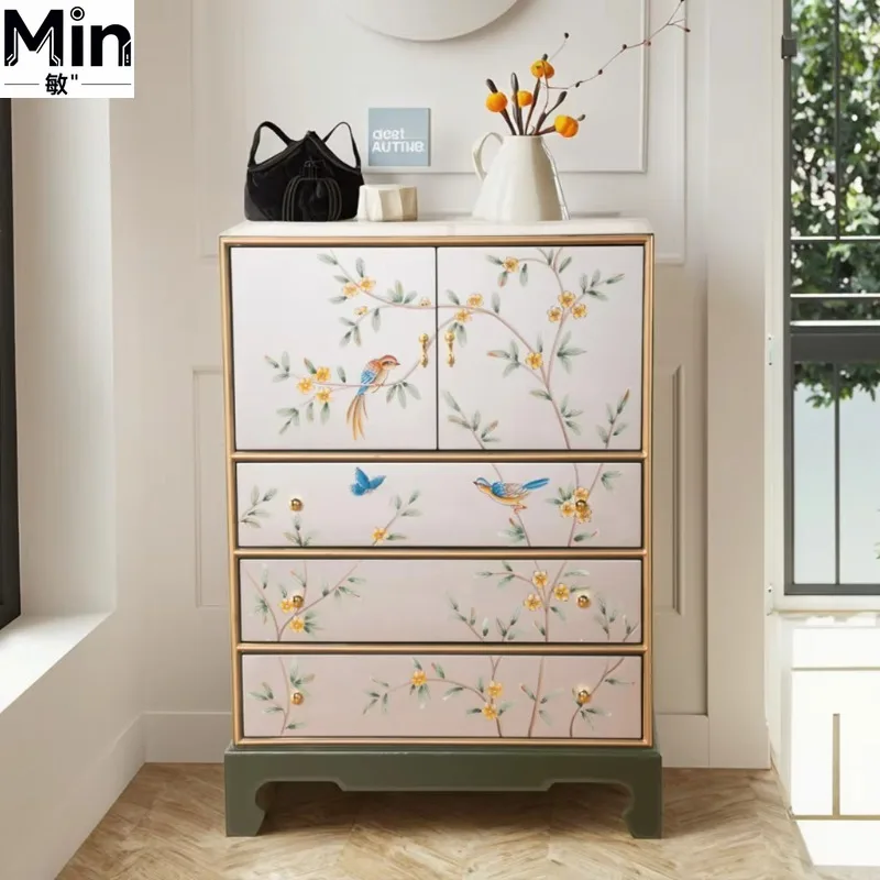 European Vintage Solid Wood Sideboard Cabinet 3 Drawers Hand-painted Display Storage Cabinet for Living Room Kitchen