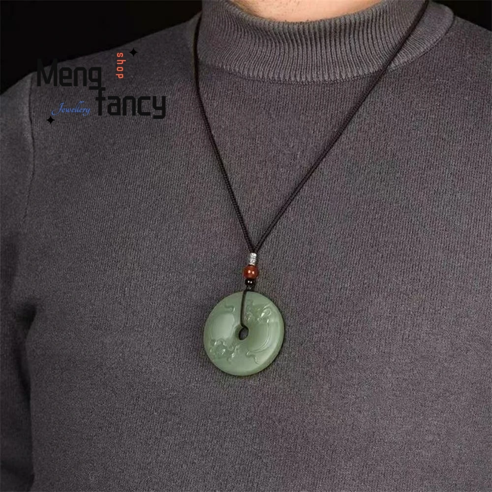 Natural Hetian Green Jade Ox Turn Qiankun Phases Peace Buckle Pendant Engraver Handicraft Exquisite High-grade Fashion Jewelry