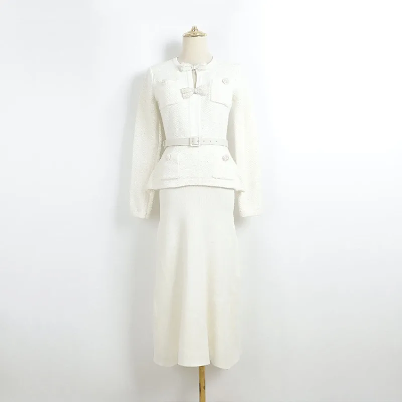 Long Sleeves with Belt Knitted Dresses Beaded Button Black Long Gown Belted Slim Bow White Dress Autumn Elegant Women's Clothing