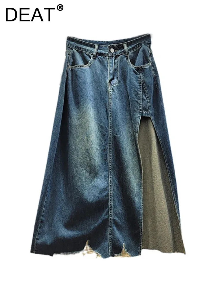 

DEAT Women's Denim Skirt High Waist Blue A-line Split Vintage Female Wrap Hips Long Skirts 2024 Autumn New Fashion 33A1595