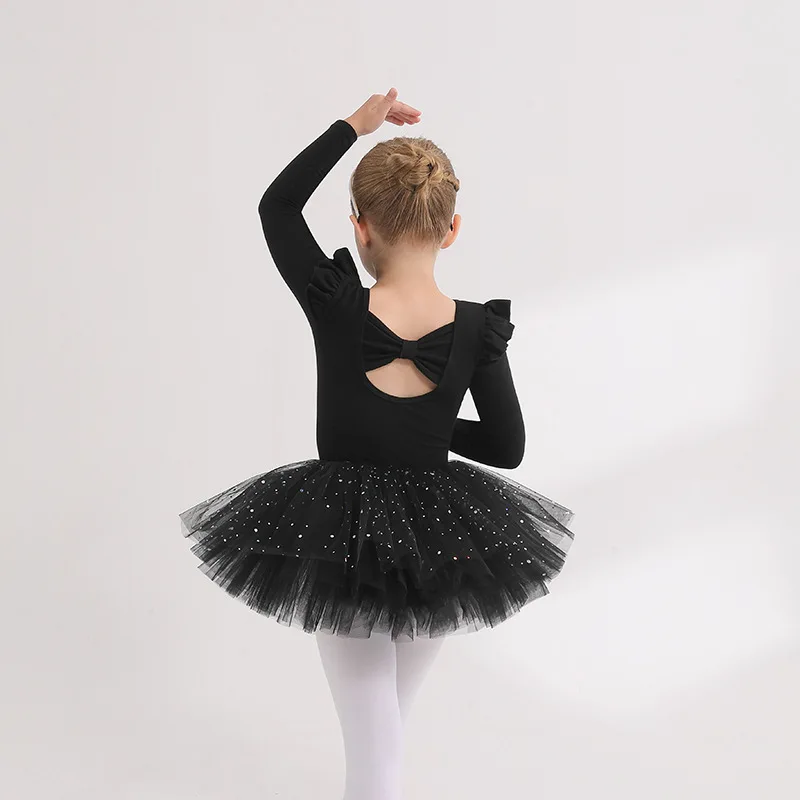

Girls Ballet Leotard Dress Ruffle Sleeve Bow Back Sparkle Tulle Tutu for Dance Class Ballet Performance Recital Kids Dancewear