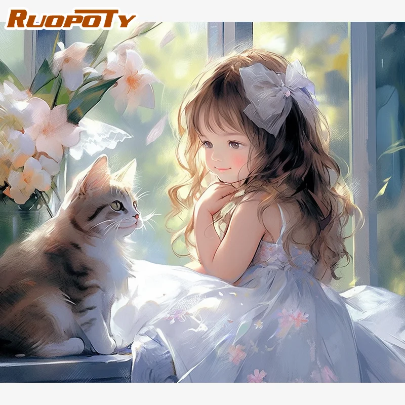 RUOPOTY Oil Painting By Numbers Handicraft Picture Drawing Girl With Cat Painting Numbers Artwork For Adults Gift Picture Paint