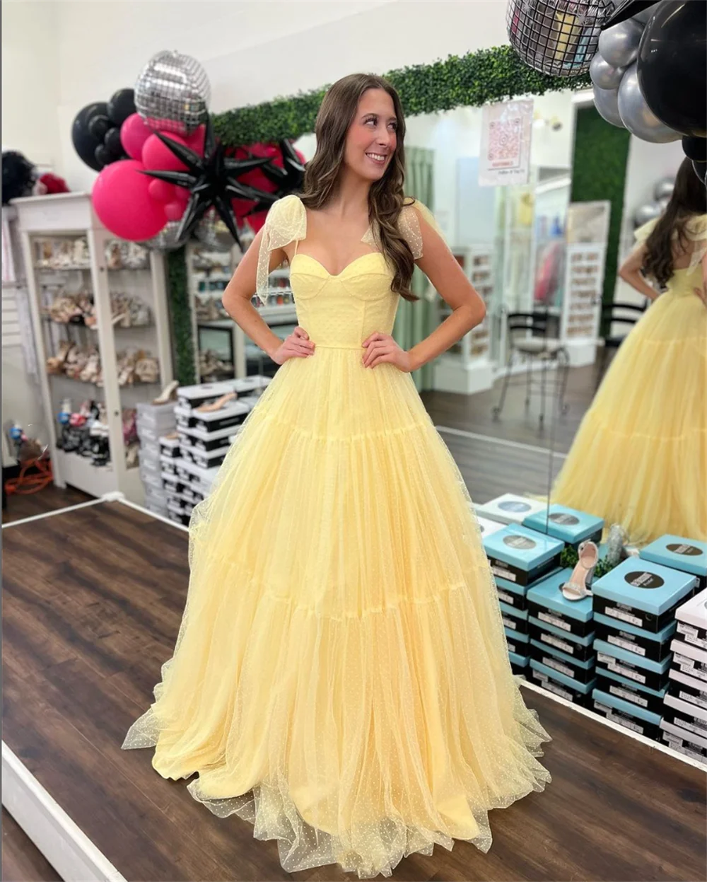 Jessica Sweet Polka Dot Tulle Prom Dresses Yellow Graduation Evening Dresses Formal Occasions Party Dresses 2024 Wedding Dress