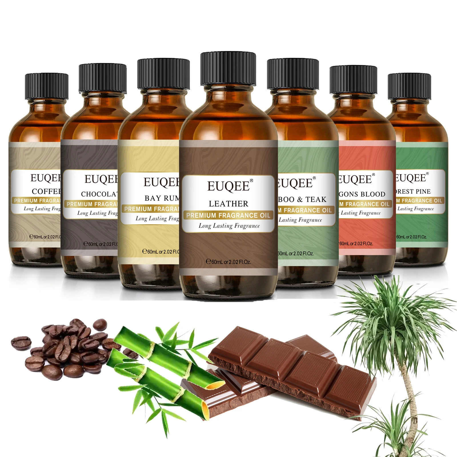 EUQEE 60ml (2 Fl.Oz.) Aceite aromático para hombre, difusor de caña, difusión de coche, cuero, café, bambú y teca, aceite de aromaterapia de ron