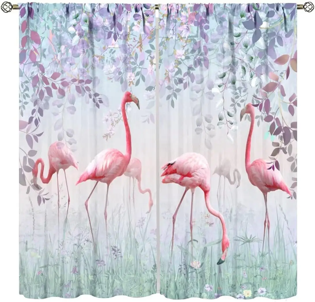 Vintage Soft Light Background Flamingo Pastel Botanical Print Blackout Rod Pocket Curtain Fresh Soft Zen Luxury Homestay Bedroom