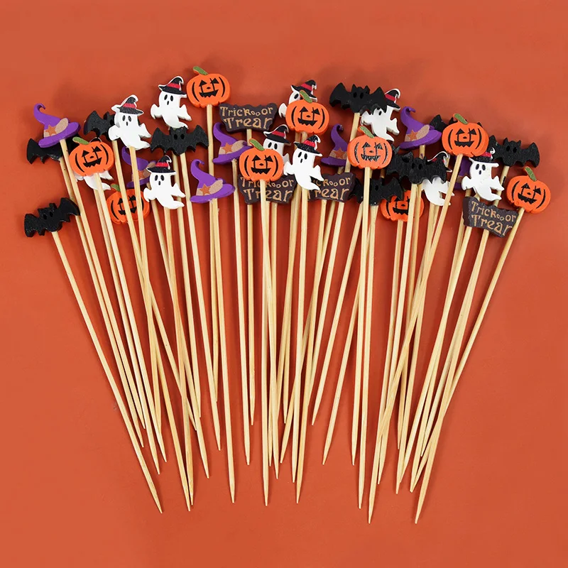 50/100pcs Disposable Bamboo Skewer Halloween Pumpkin Cute Decorative Fruit Fork Buffet Dessert Cocktail Stick Halloween Supplies