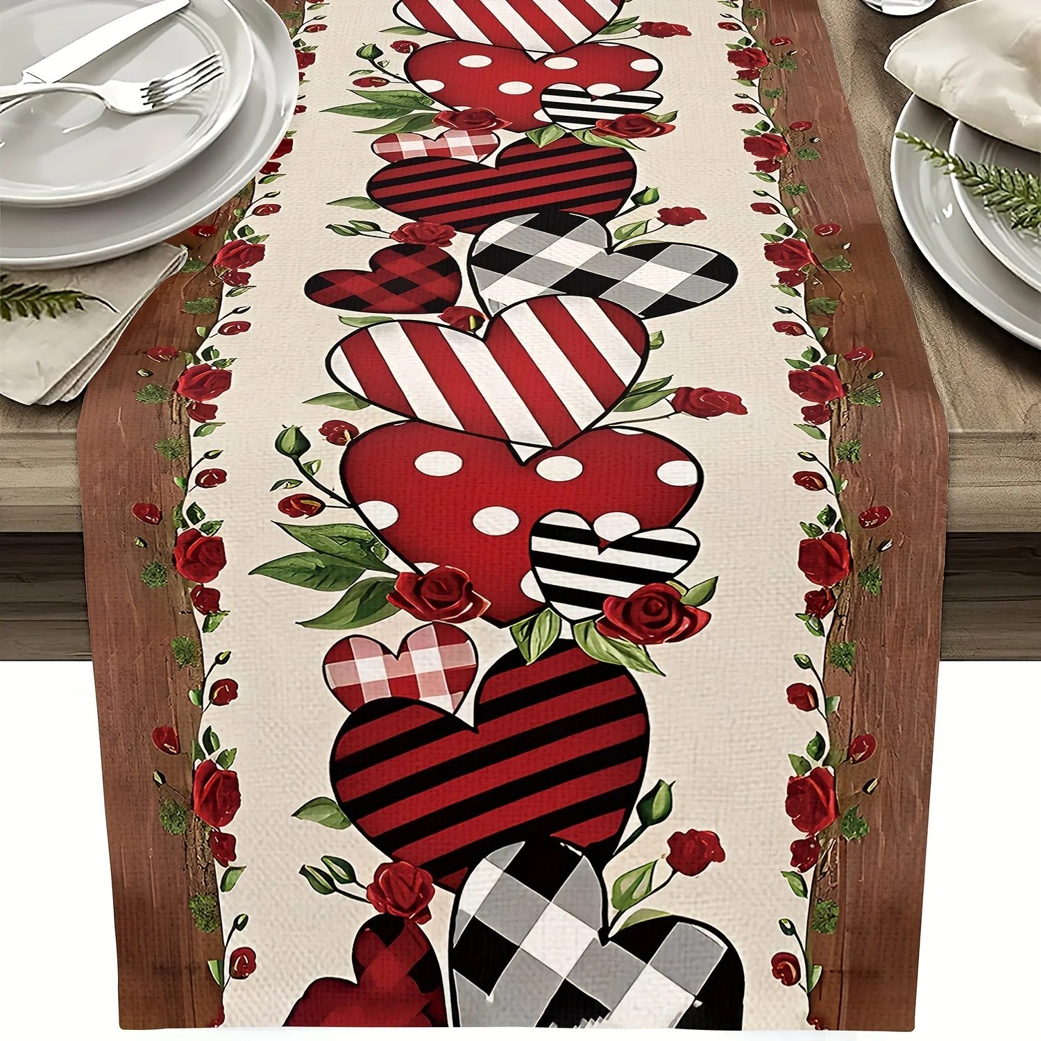Red Heart Table Runner, Durable Polyester, Floral & Heart Design, Elegant Table Decor for Wedding Party Kitchen Dining