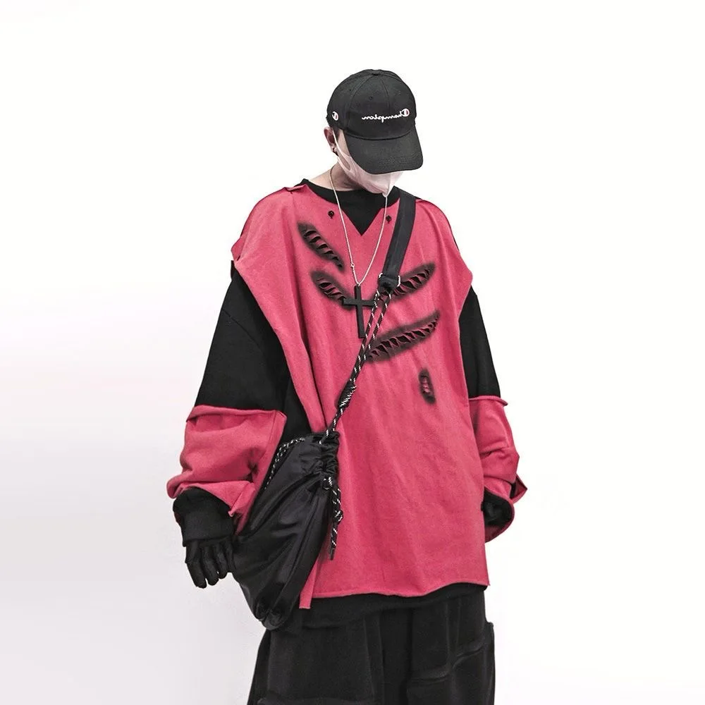 Hip Hop Distressed Patchwork Sweatshirt Vintage American Fake Two-Piece Pullover Oversized Long Sleeve Sweat Shirt Streetwear