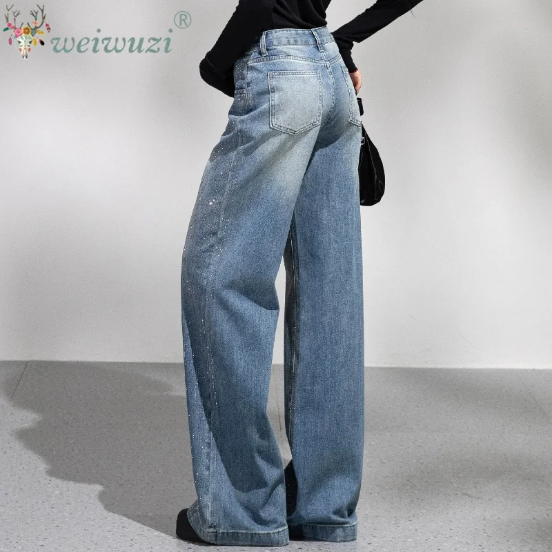 Hot Girl Starry Sparkling Rhinestone Straight Leg Denim Jeans Trendy Unique Design Glitter Petite Length Casual Pants for Women