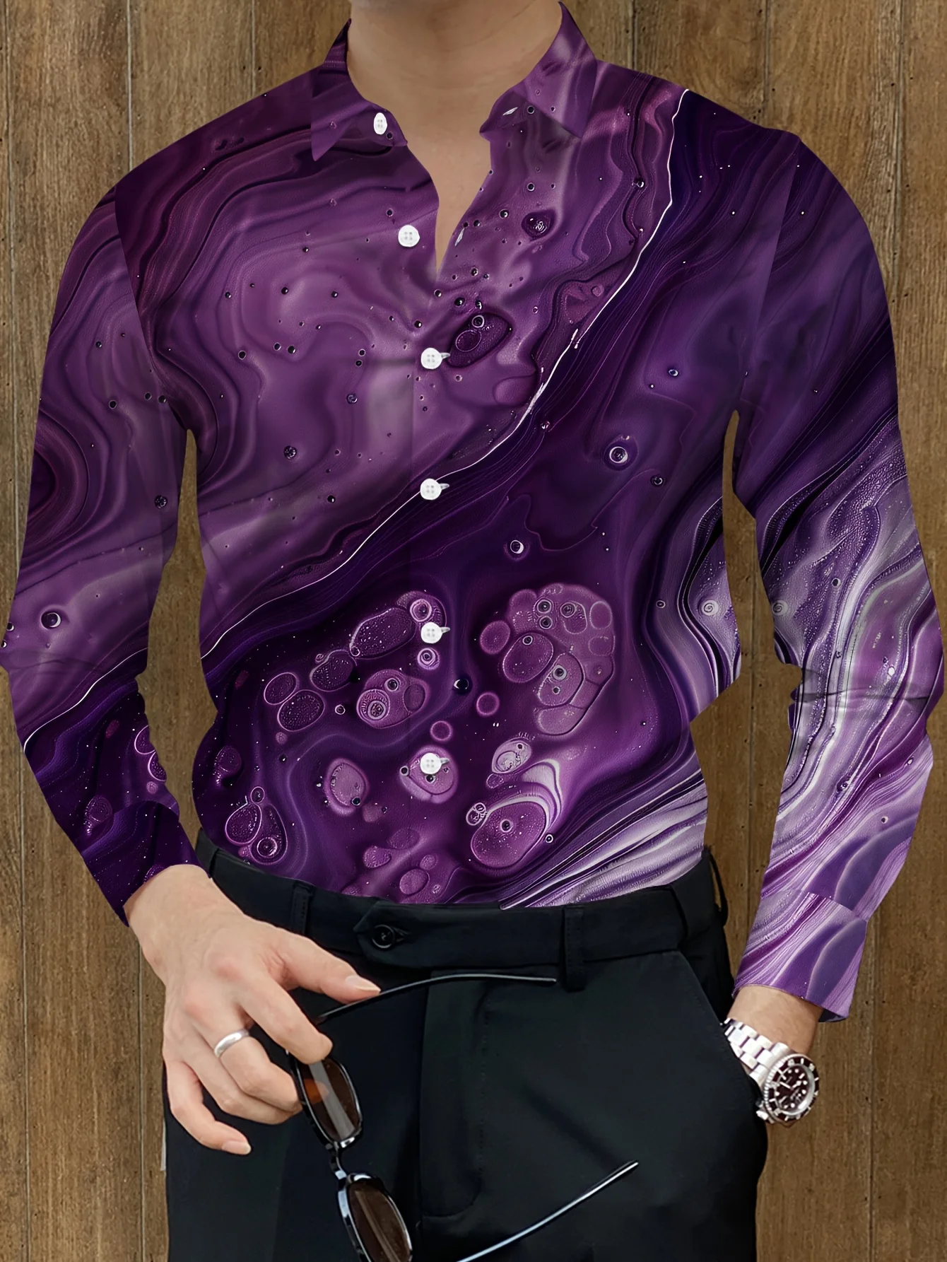 Men'S Stylish Dopamine Splicing Patterned Shirt - Long Sleeve, Button-Up, Lapel Collar, 2025