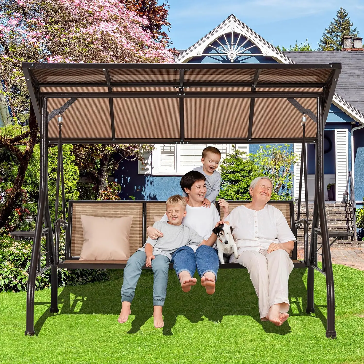 

Outdoor Porch Swing with Adjustable Hardtop, Backrest, 3-Person Patio Canopy Swing Textilene Bed with Side Cup Holder