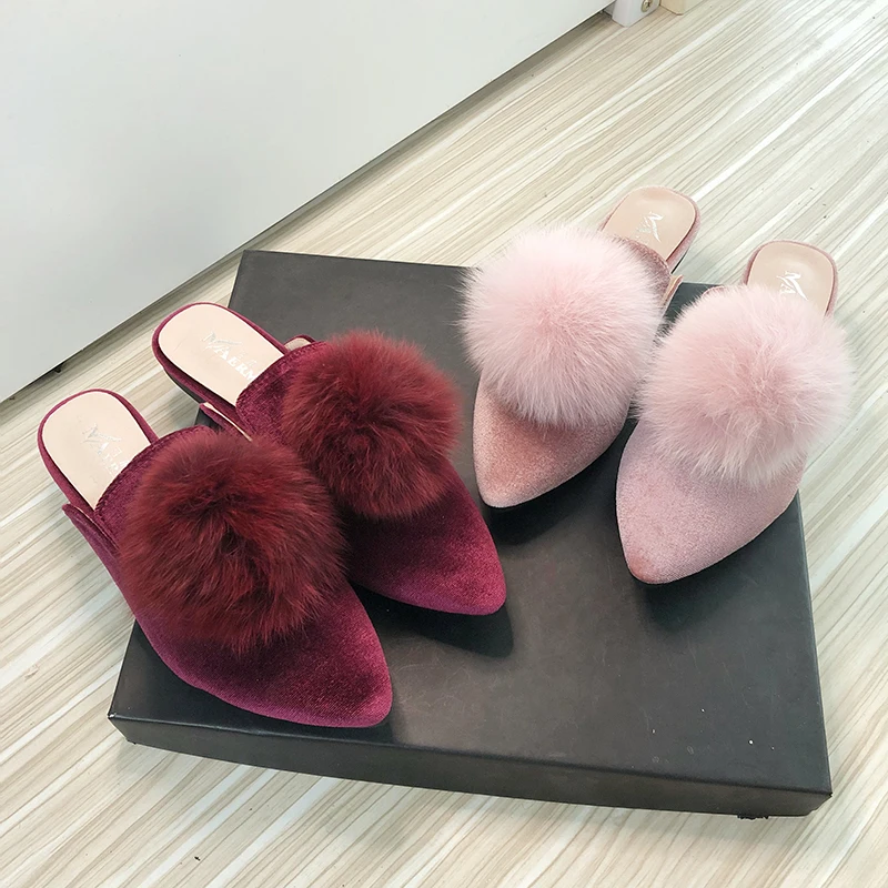 Women Mules Pointed Toe Flock Leather Big Furry Ball 2022 Spring Summer Stylish Slippers for Women Size 33-43 Solid Color Flats