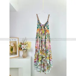 Australian Niche Colourful Printed Rhinestone V-Neck Halter High Waist Resort Silk Dresses